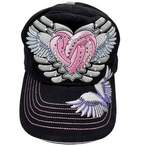 New Jolly Roger Embroidered Heart Wings Hat Cap Rhinestones